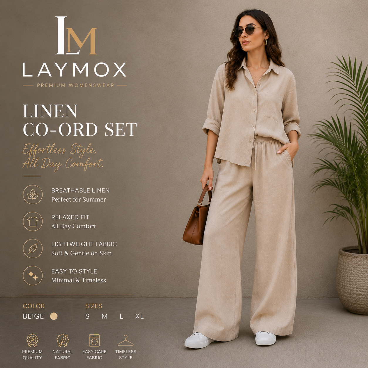 Laymox Women's Premium Linen Co-Ord Set – Beige