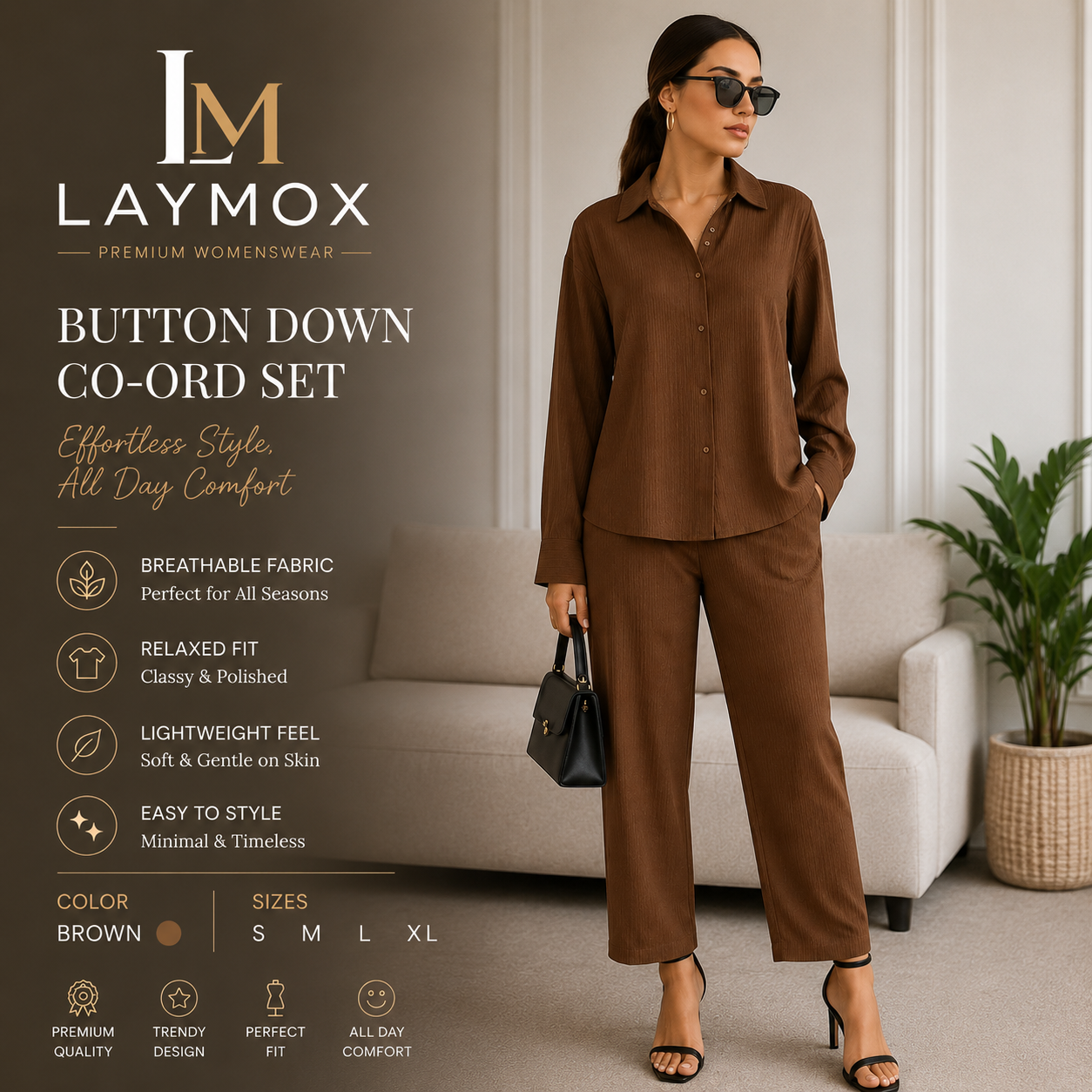 Laymox Women's Premium Button Down Co-Ord Set – Mocha Brown