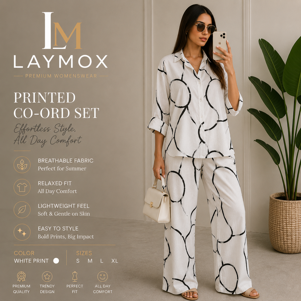 Laymox Women's Premium Printed Co-Ord Set – Ivory Abstract Print