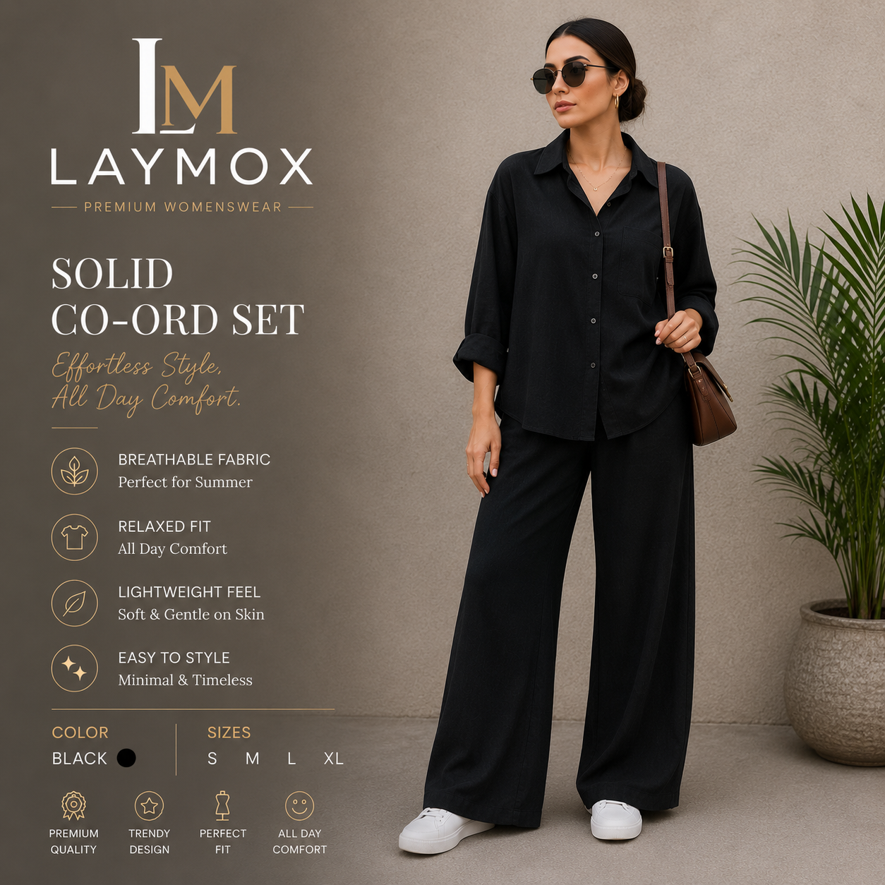 Laymox Women's Premium Solid Co-Ord Set – Midnight Black