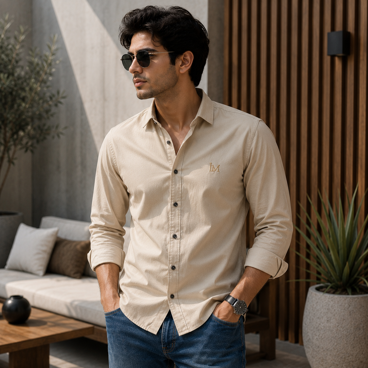 LAYMOX Premium Cotton Shirt – Beige | Modern Tailored Fit | Full Sleeve