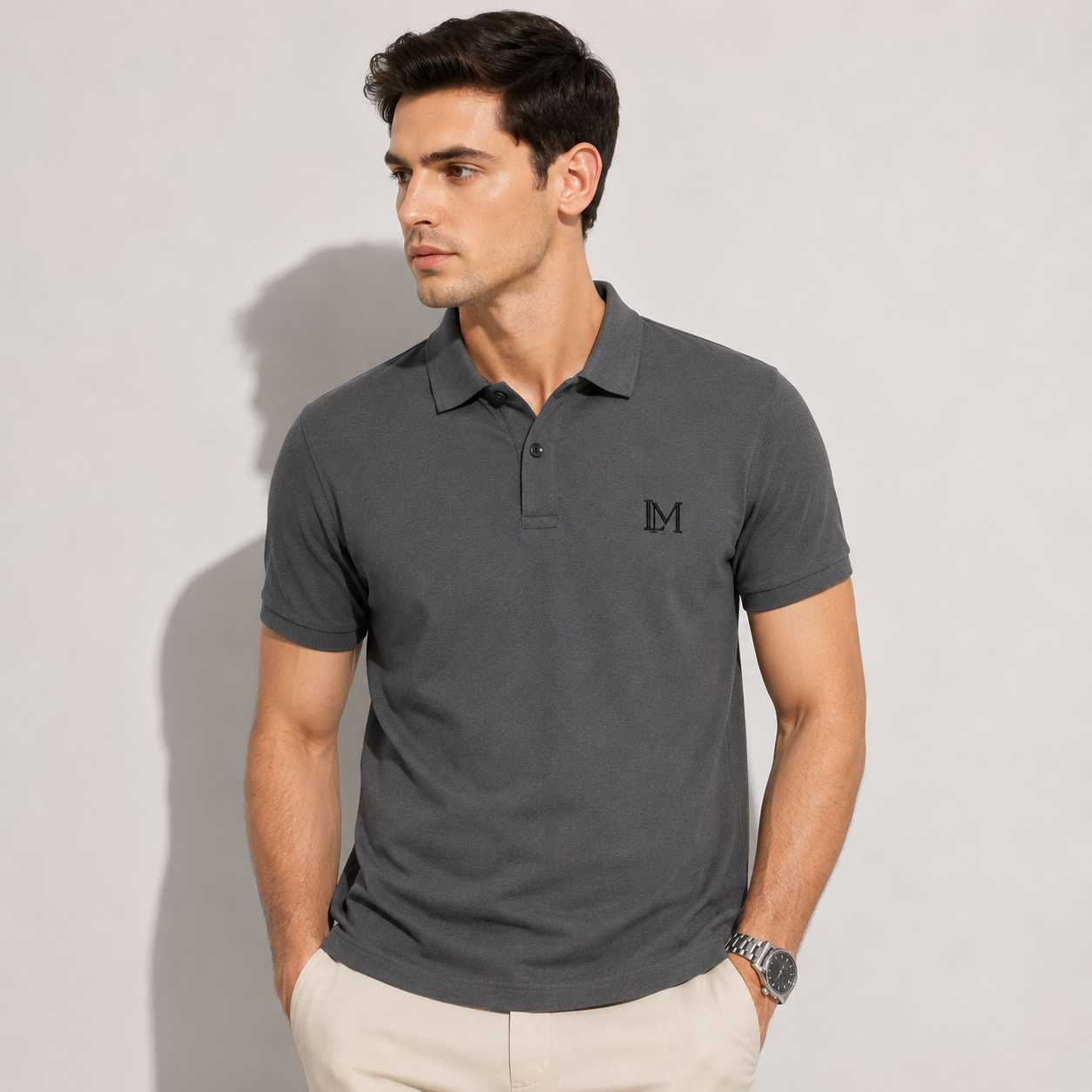 LAYMOX Premium Knit Polo T-Shirt – Charcoal Grey | Anti-Curl Collar